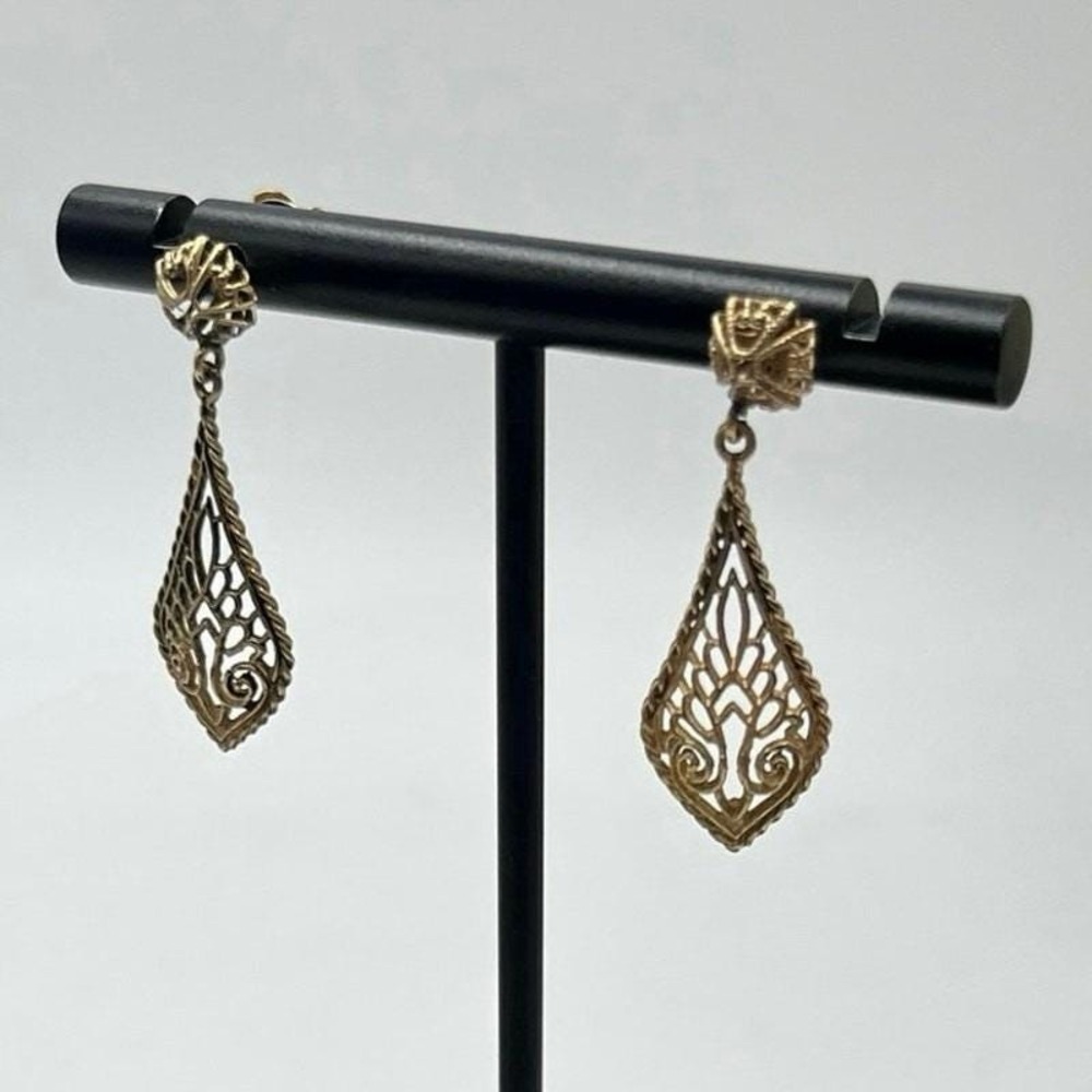 14k Yellow Gold‎ Teardrop Filigree Lace Ornate Dangle Drop Earrings 2.1 grams